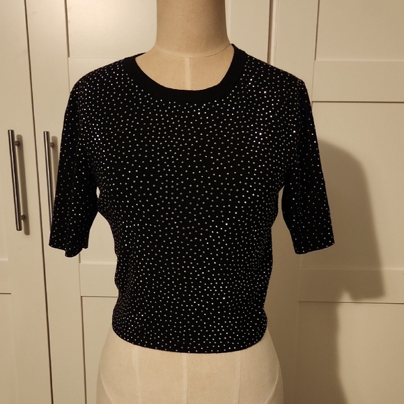 Alice + Olivia Tops - Alice + Olivia Black Sequin Ciara Cropped Crystal-Embellished Knitted Top Size M